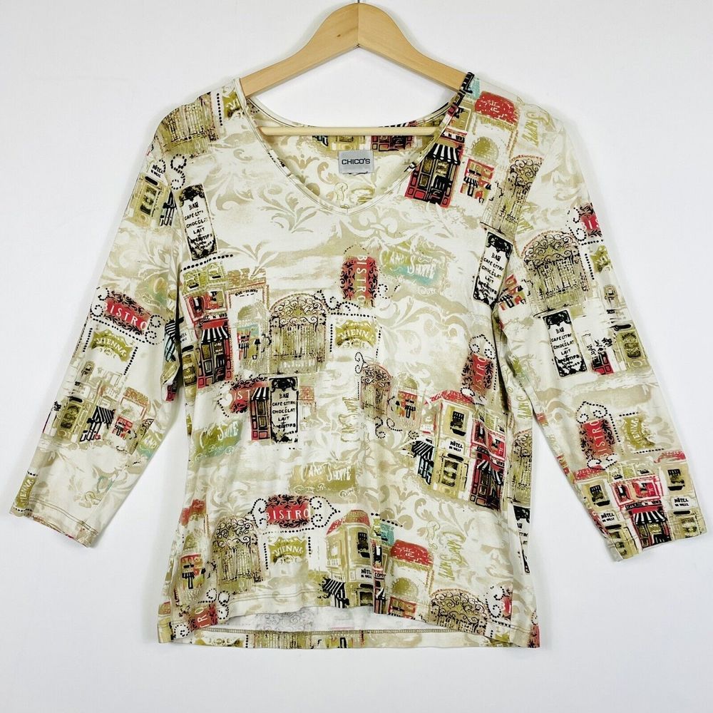 Chico's Shirt Women Medium Beige French Bistro Cafe Half Sleeve‎ Jersey Knit Top